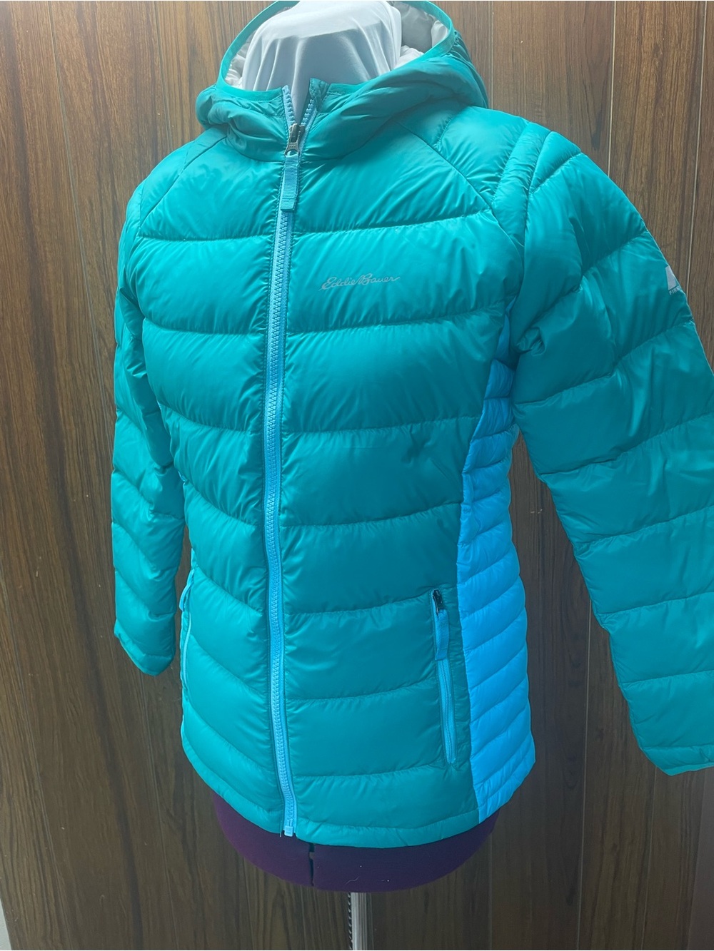 Eddie Bauer Girls' Teal Hooded Quilted Puffer Jacket with Light Teal Side Panels